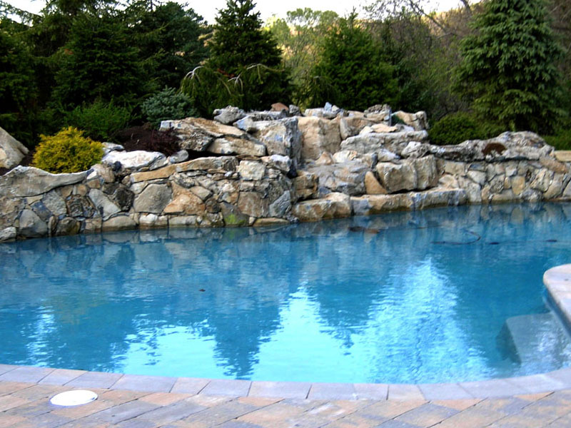 Custom Pool Rock Waterfall and Paver Poolscape, Chester NJ