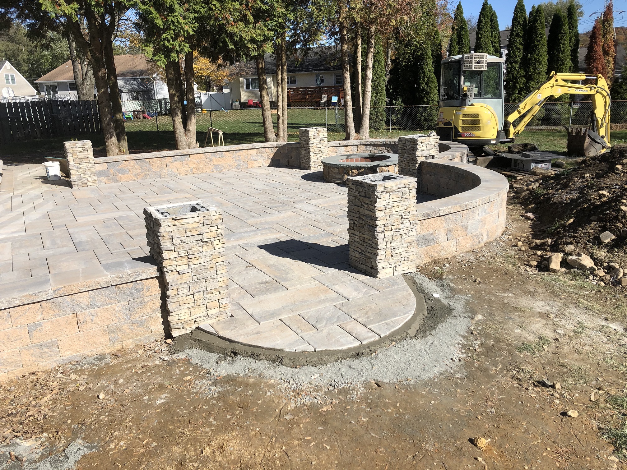 Outdoor living paver patio firepit and pillars - Mendham NJ